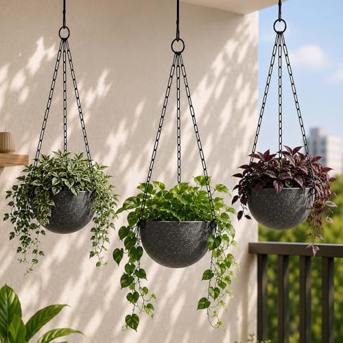 Image of Go Hooked Henri Hanging Planter Pot for Indoor & Outdoor Plants Pack of 3 | 7 Inch Plastic Hanging Pots with Metal Chain | Decorative Round Hanging Planter for Balcony, Garden & Home Decor (Grey)