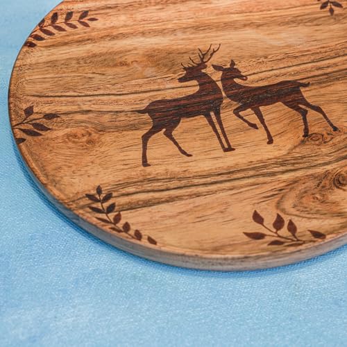 Image of Wild Grove Serving Plate - Carved Deer & Leaf Design, Elegant Acacia Wood Plate for Snacks, Cheese, Fruits, and Home Decor, 20x20 cm
