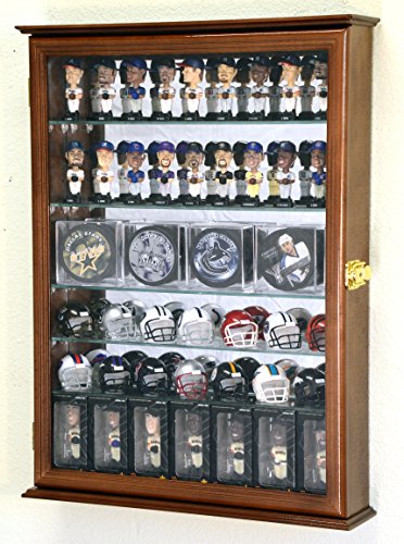 sfDisplay.com,LLC. Mini Bobblehead/Pocket Pro Helmet/Hockey Puck/Mini Stanley Cup Trophies Display Case Cabinet w/Adjustable Shelves (Walnut Finish)
