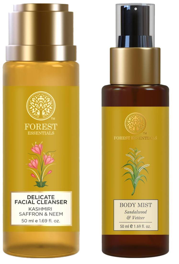 Forest Essentials Travel Size Body Mist Sandalwood & Vetiver (50ml) Natural Earthy and Saffron & Neem Facial Cleanser for Acne-Prone Skin