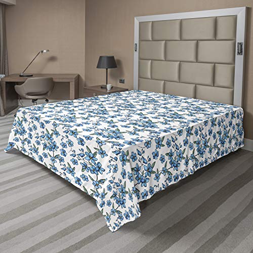 Ambesonne Floral Flat Sheet, Summer Field Wild Flora Ornamental Flowers on a Plain Background Repetition, Soft Comfortable Top Sheet Decorative Bedding 1 Piece, California King, Blue and White