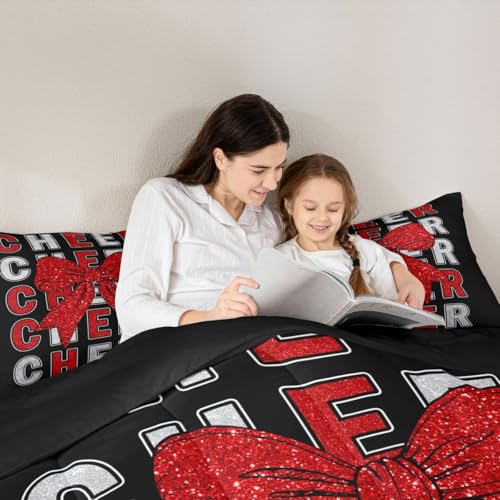 Image of Feelyou Cheer Bow Comforter Set Queen Size Red Glitter Cheerleader Bedding Set for Kids Boys Girls Cheerleading Duvet Quilt Sport Bedroom Decor Microfiber 3 Pcs with 2 Pillow Cases