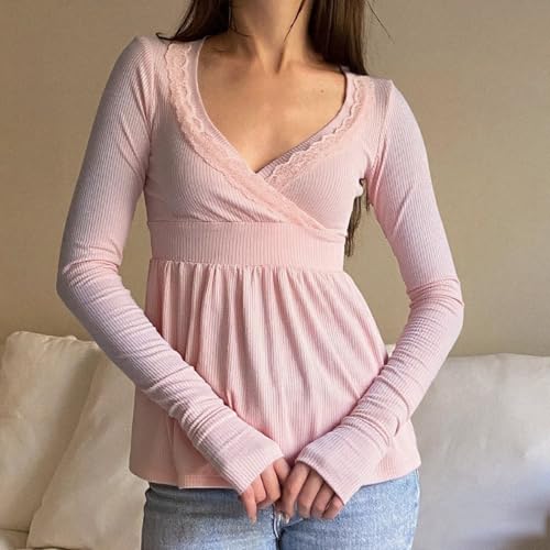Image of Fairy Grunge Shirts for Women Y2K Tops Long Sleeve Lace Patchwork Tees Teen Girls Vintage Slim Blouse Fall Clothes