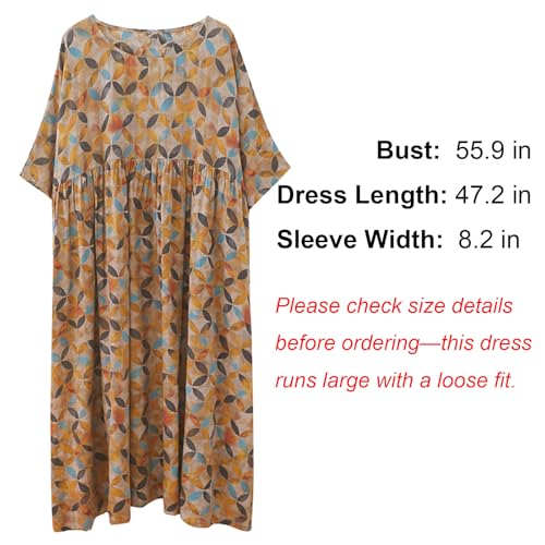 Women Plus Size Casual Dresses Loose Vintage Printed Summer Dresses Round Neck with Side Pockets Yellow Brown2