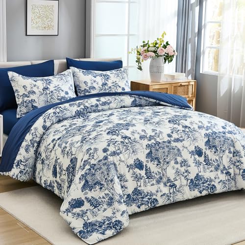 Image of DJY Navy Blue Comforter Set Queen Size,7 Pieces Bed in a Bag Botanical Comforters with Sheets Elegant Plants Print Soft Microfiber Reversible Complete Bedding Sets for All Season