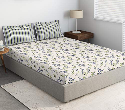 Image of DDECOR - Florette 100% Cotton Fitted Bedsheet with 2 Pillow Covers, King Size, Blue
