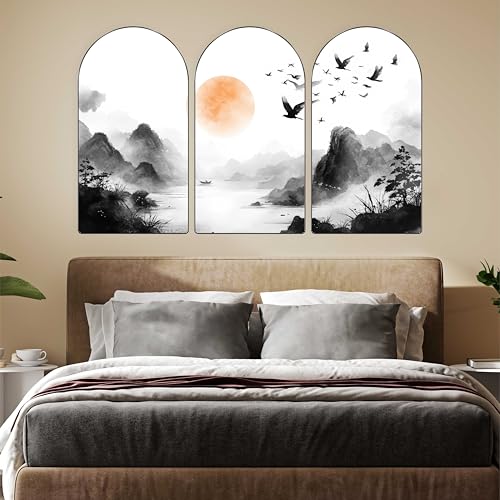 Image of Livin'luxe Black & White Mountain Landscape Wall Painting | Nature Triptych Art with Orange Sun & Birds | Set of 3 Panels Wall Decor for Living Room, Bedroom & Office