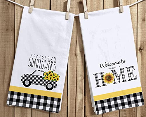 Buffalo Plaid Sunflowers Kitchen Dish Towel 18 X 28 Inch Set Of 2, Seasonal Spring Summer Sunflower Trucks Tea Towels Dish Cloth For Cooking Baking #TOP2