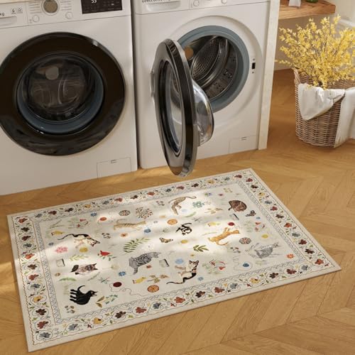 Rugcomf Door Mat Indoor Entrance 2x3 Rug Machine Washable Boho Floral Animal Cat Small Area Rug Non-Slip Low Pile Throw Rugs for Entryway Kitchen Front Door Indoor Entrance Entry Kids Room, Beige — view 5