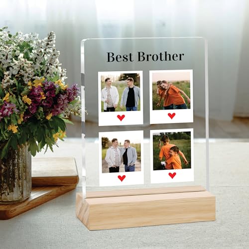 Image of Giftplease Customized Photo And Text Frame With Wooden Stand | Personalised Printed Photo Frame | Gift For Brother | Birthday | (Transparent, 5MM, 6 * 8 Inches), Tabletop BG 09
