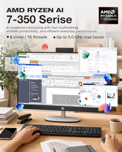 Image of HP 27 Touchscreen All-in-One Desktop AMD Ryzen AI 7 350 (5.0 GHz 50 Tops) | 16GB RAM, 1TB SSD, 27 inch FHD IPS Display, Windows 11, WIFI6 BT5.4, Wireless Keyboard & Mouse, Home Office PC, Adjustable Height
