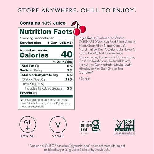 Image of OLIPOP Prebiotic Soda Pop, Cherry Cola, Pantry Pack Packed with Prebiotics, Fiber, and Botanicals, Gluten Free, GMO Free, 12oz (12-Cans) (Packaging May Vary)