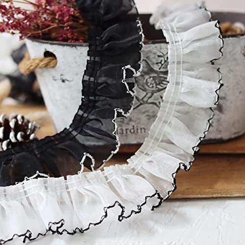 Kuasting 3 Yards Ruffled Pleated Lace Fabric Trim Pleated Chiffon Black And White Matching Dress Decoration Tulle Fabric Applique Trimming Craft Sewing Diy Craft Sewing Decoration (3 Yards, White) #TOP6