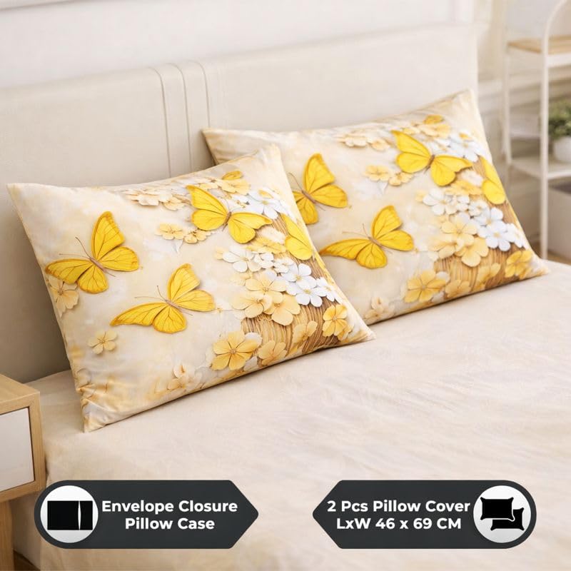 Image of Akshya King Size 7D Bedsheet 90x100 inches, Glace Cotton 300 TC Flat Bedspread for Double Bed with Large Pillow Covers Yellow Butterfly Cartoon Print