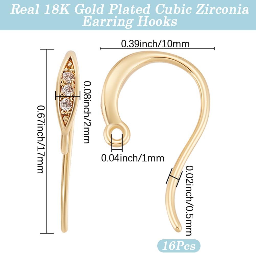 Beebeecraft 1 Box 16Pcs 18K Gold Plated Earring Hooks Cubic Zirconia French Hook Earring Findings Earwires for Jewelry Making Dangle Ear Wires DIY