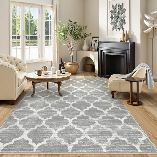 Lahome Moroccan Machine Washable Rug - 5x7 Area Rugs for Living Room Non-Slip Grey 5x7 Bedroom Rugs Throw Large Modern Trellis Carpet for Entryway Office Kitchen Dining Room Rug Decor (5'x7', Gray)