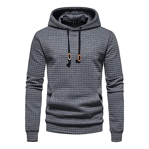 Maiyifu-GJ Men Plaid Jacquard Pullover Hoodies Hipster Lightweight Hooded Sweatshirts Long Sleeve Drawstring Hoodie Outwear (Dark Grey,Large)