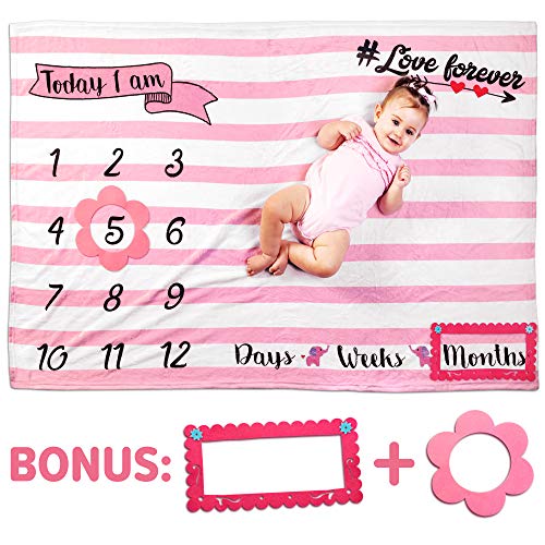 Image of Baby Girl Milestone Blanket, Monthly Blanket Fleece, Personalized Blankets, Milestone Girls, New Baby Gifts Sets, Month-to-Month Growth, Newborn Essentials 60"x40"