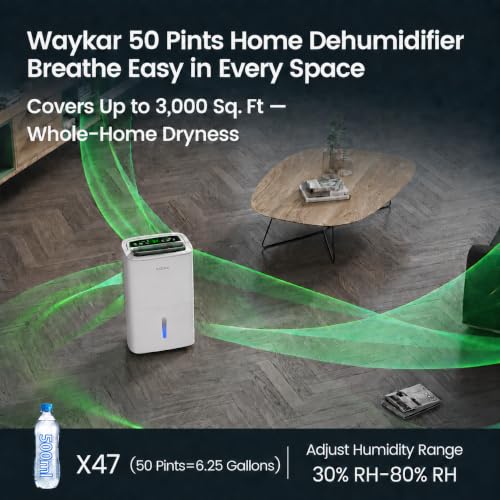 Image of Waykar 50 Pints Dehumidifier for Home up to 3,000 Sq. Ft, Ideal for Basement, Bathroom and Large Room with Drain Hose