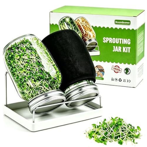 Boombamo Premium Sprouting Jar Kit 2Pcs Large Wide Mouth Mason Jars With Screen Sprout Lid,Sprouting Jar Stand,Tray,Blackout Sleeves,-Seed Sprouting Kit For Growing Mung beans,Broccoli