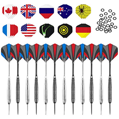 Shayson - Juego de dardos de punta de acero profesional (12 unidades, 22 g, 30 unidades, 10 plumas de PET estilo y 50 juntas t�ricas de goma