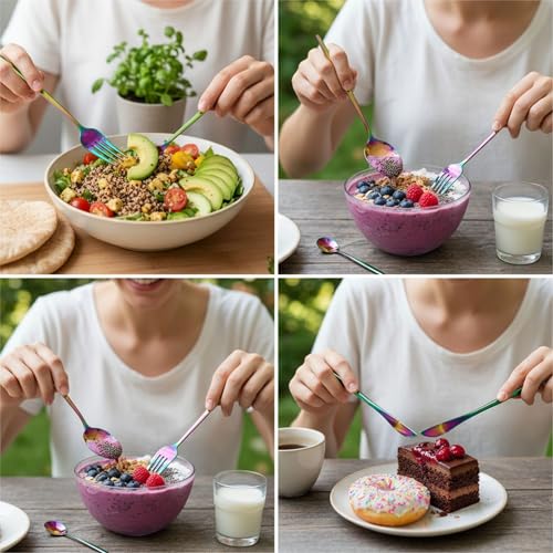 Image of 12 Pcs Rainbow Slim Handle Stainless Steel Cutlery Set for Dining Table with Spoons and Forks Set + Butterknives - The Perfect Tableware /Flatware