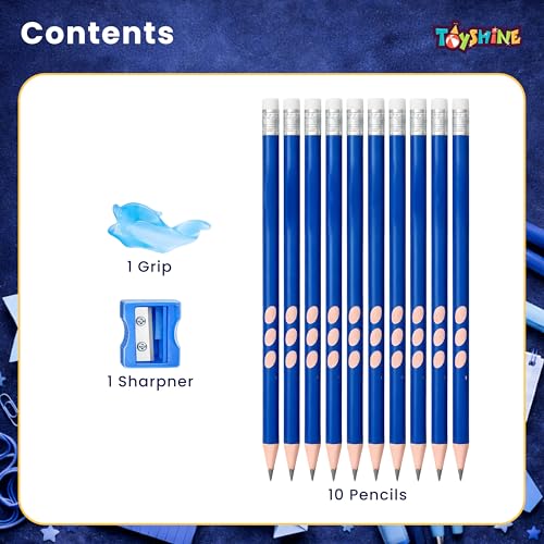 Image of Toyshine HB Pencil Set with Erasers on Top | Pack of 10 Round Hole Groove Grip Pencils with Sharpener & Pencil Cap | Comfortable Writing School Stationery for Kids & Students - Blue