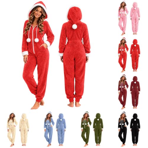 XINGJIAARTS Womens Flannel Pajamas Christmas Fuzzy Warm Hooded Pajamas Jumpsuit Zip Up Sleepwear Fleece Winter Cosplay Suit Red Small - image 2