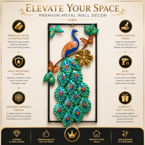 Image of SHREE 'O' GREEN TECH - Luxury Metal Peacock Wall Art Decorative Iron Wall Hanging for Living Room Bedroom Dining Room Office Hotel Modern Home Decor Handmade Sculpture