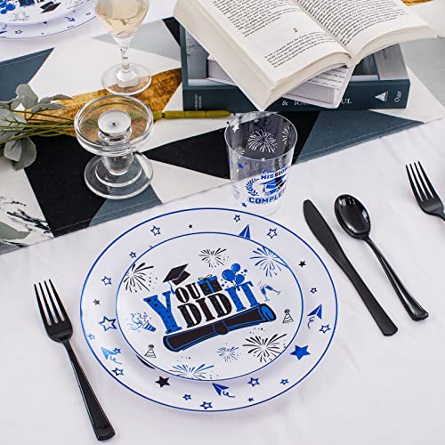 Liacere 150PCS Graduation Plastic Plates - Black and Blue Plastic Plates, Graduation Party Plates include 50Plates 25Knives 25Forks 25Spoons 25Cups for Graduation Party