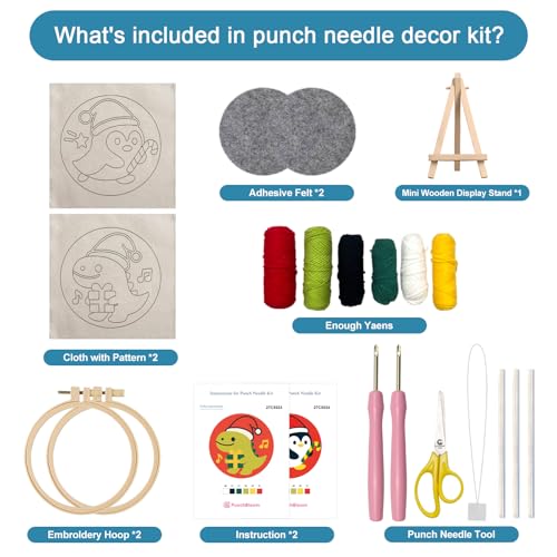 Image of Christmas Punch Needle Kit for Adult Beginner, Easy Punch Embroidery Starter Set with Instruction, Fun DIY Needle Point Craft for Home Decor & Holiday Gift Idea(2pcs Dino & Penguin)