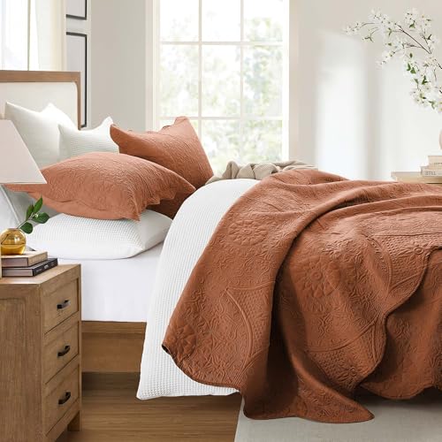 IR Imperial Rooms Twin Quilt Bedding Set Size (68” x 86”) + 1 Pillow Shams (20” x 26” + 2”) - 2 Pcs All Season Lightweight Reversible Microfiber Coverlet Floral Embossed Quilt Bedspread (Rust)