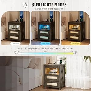 Rustic nightstand with gun drawer end table with charging station led bedside table with human sensor light rattan night stand for bedroom brown  urban country home decor