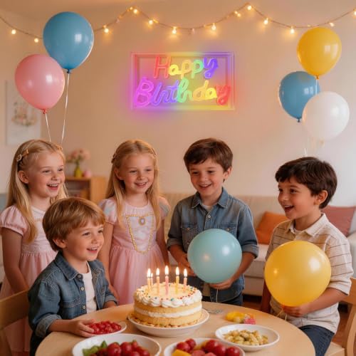 Image of Colorful Happy Birthday Neon Sign, LED Wall Decor, Type-C /USB Power | Led Happy Birthday Light Up Sign For Birthday Party, Backdrop, Wall, Tabletop Decorations, 2 Hooks Included