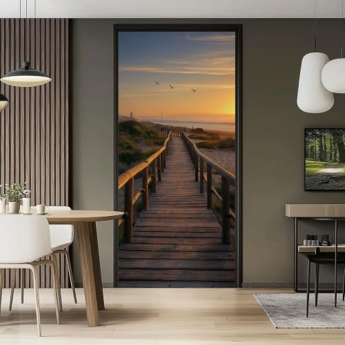 Sticker Porte Trompe l'oeil Effect 3D Côtier Cottage, Nature Ponton Oiseaux Plage Muraux PVC Stickers pour Décoration Mur Salon Cuisine Chambre Salle de Bain Papier Peint 80 x 210 cm