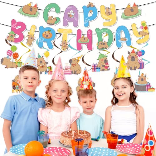 Image of Capybara Birthday Party Banners Hanging Swirls Decorations 12PCS | Capybara Party Banners 12pcs, Glitter Swirls Decor, Cardstock Pieces, Cute Capybara Theme, Birthday Party Decor for Kids