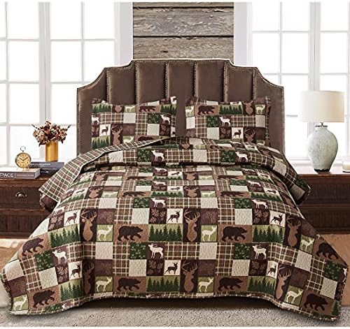 Oliven Reversible Lodge Plaid Bedding Moose Bear Quilt King Size Rustic Bedspread Cabin Coverlet Wildlife Forest Daybed Cover Summer Lightweight Bed Cover Pillow Shams