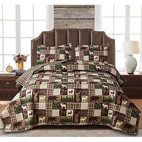 Oliven Reversible Lodge Plaid Bedding Moose Bear Quilt Twin Size Rustic Bedspread Cabin Coverlet Wildlife Forest Daybed Cover Summer Lightweight Bed Cover Pillow Shams Cover