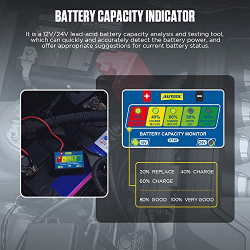 AUTOOL BT60 Accucapaciteitsmonitor 12V/24V Batterijcapaciteitstester met 5-traps indicator - Afbeelding 3