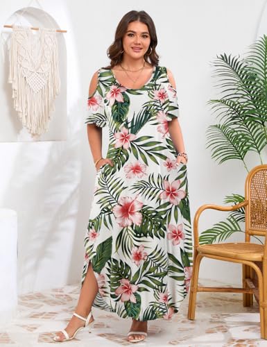 Image of JollieLovin Womens Plus Size Casual Summer Maxi Long Dress Cold Shoulder V Neck Beach Sundresses