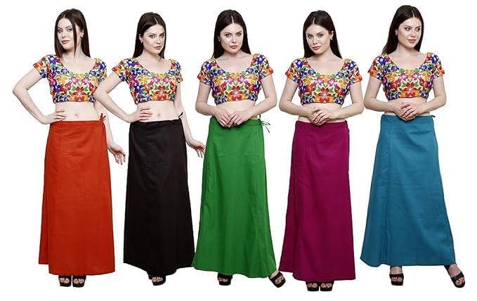 Image of Vlazom Women's Cotton Saree Petticoat - Pack of 5 Inskirts | Soft & Breathable Underskirts | Adjustable Drawstring Waist | Multicolor for Daily & Occasion Wear