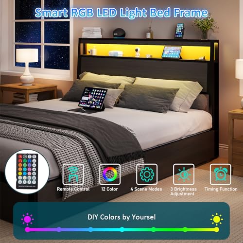 Image of Queen Bed Frame with 4 Storage Drawers, Queen Size Bed Frame, Rustic Grey | LED Light, Charging Station, Wood Headboard, Metal Platform, No Box Spring Needed, Noise Free, Easy Assembly