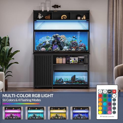 Image of BELLEZE 55-90 Gallon Aquarium Stand with LED Lights, Fluted Cabinet for Fish Tank Accessories Storage, Heavy Duty Metal & Power Outlets, 1200 LBS Capacity, Turtle Tank Reptile Terrarium, Black Ebony