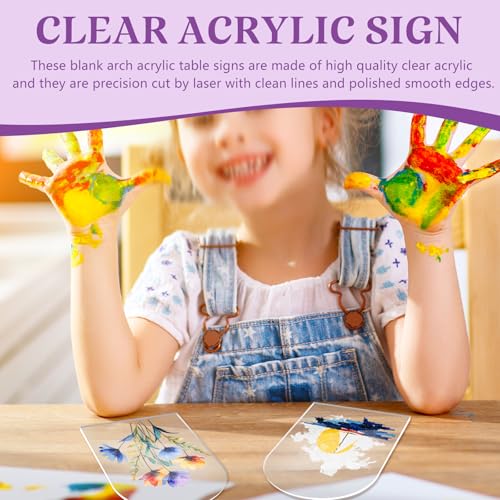 Image of Bercoor 5 Pack 4x6 Inch Blank Clear Arch Acrylic Sign with Wooden Stands, Arched Round Top Acrylic Sheet, DIY Acrylic Arch Table Numbers for DIY Name Card Gifts Event Party Sign Decoration