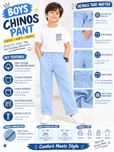 Image of KiddoPanti Boys 100% Cotton Twill Chinos Pant | Comfortable Regular Fit | 2 Side Pocket, 2 Back Pocket | Ankle Length | Back Elasticated Waistband with Button Zip Open Fly