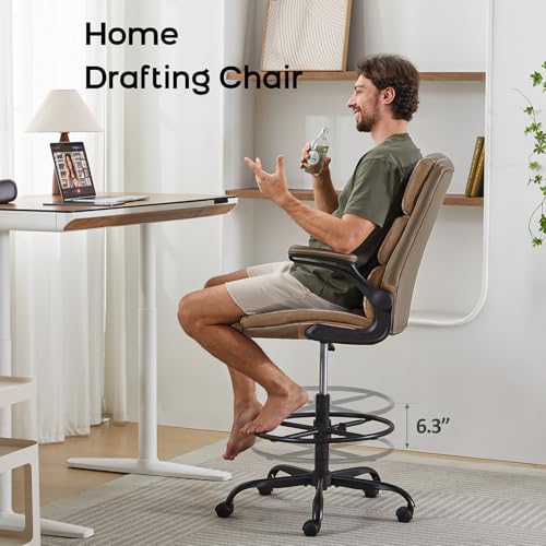 Image of Drafting Chair Tall Office Chair with Padded Flip-up Armrests Executive Ergonomic Computer Standing Desk Chair with Comfortable Leather Backrest and Adjustable Footrest Ring (Tan)