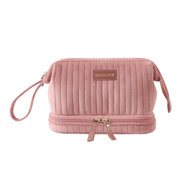 Double Layer Makeup Bag for Women | Large Capacity Cosmetic & Skincare Organizer | Portable Travel Toiletry Vanity Pouch with Zipper Storage Compartments (Pink)-image-47