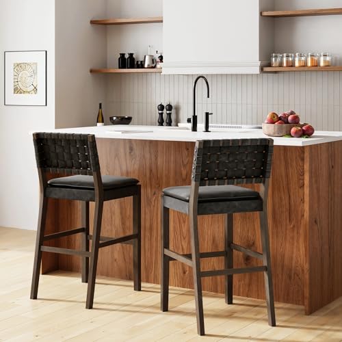 Image of Nathan James Cohen Mid-Century Modern 29 in. Wood Bar Stool, Upholstered Faux Suede Bar Height Stool with Solid Wood Frame, Black, Set of 2