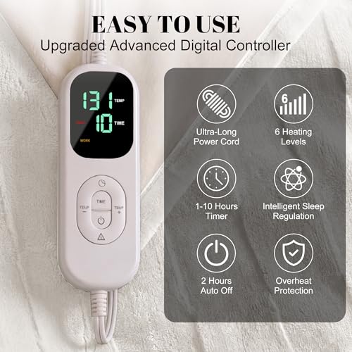 Image of IUUI Heated Blanket Electric Throw Checkered- 50x60 Inches Soft Flannel Heating Blanket,Fast Heating Blanket 6 Heating Levels & 2 Hours Auto Off ETL Certification (Cream White)