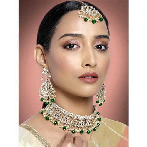Image of Aheli Elegant Indian Faux Kundan Studded Choker Necklace with Maang Tikka Set Ethnic Wedding Wear Bharatanatyam jewellery set Gift for Women